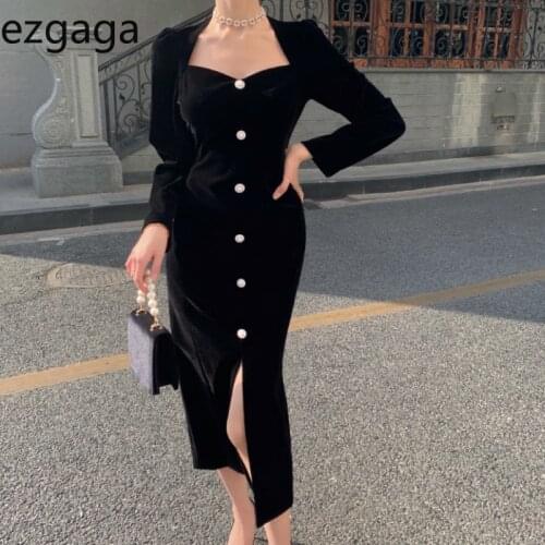 Ezgaga Elegant Dress Women French Style V-Neck Black Velvet Split Solid Button Square Collar Ladies Party Dress Vestidos