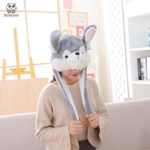 BOLAFYNIA Husky hooded hat with ears moving plush toy hat stuffed toy cap