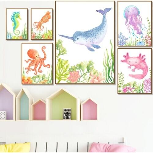 Undersea Creatures Octopus Squid Jellyfish Wall Art Canvas Painting Nordic Posters And Prints Wall Pictures For Kids Room Decor
