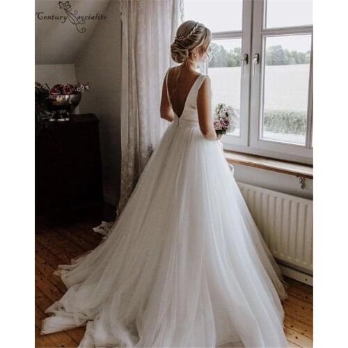 Simple Wedding Dresses 2020 O-Neck Backless Sweep Train Bow Country Beach Long Bridal Gowns Bride Dress Vestido De Noiva Cheap