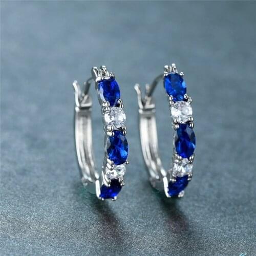 Luxury Female Blue Oval Crystal Stone Earring Silver Color Hoop Earrings Vintage Rainbow Round Wedding Earrings For Women