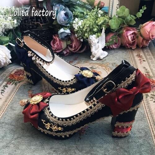 HAND MAKE black Gothic Lolita Cosplay BOW Shoes Platform Heel Lolita Shoes Princess Elegant tea party Shoes