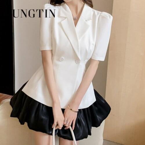 Sungtin Women Blazer and Skirt Sets Korea White Puff Sleeve Long Blazers Chic Black A Line Mini Skirts Summer 2 Piece Skirt Sets