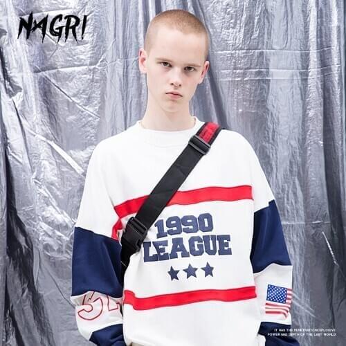 NAGRI 1990 League Sweatshirt Letter Print Casual Crew Neck Pullover Long Sleeve Hoodie for Men/Women