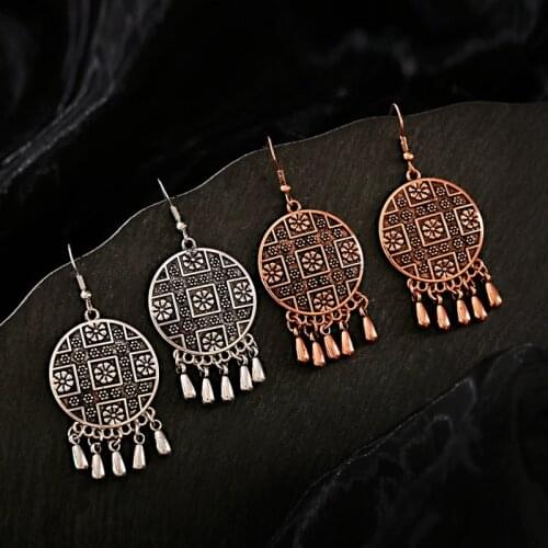 Womens Gypsy Afghani Round Silver Color Tassel Indian Carved Jhumka Earrings Retro Bohemian Alloy Tibetan Earrings Oorbellen