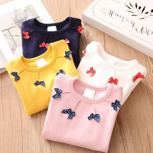 Girls Long Sleeve Tops Sweet bowknot design Casual Autumn Tops Tee O Neck Regular Toddler Shirts Korean Baby Clothes For 2-12Yrs