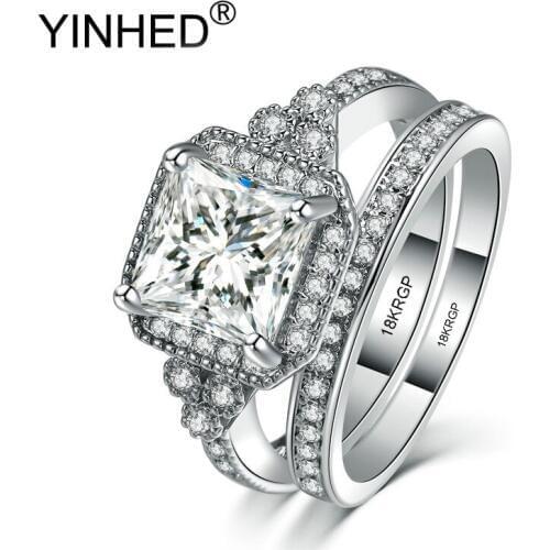 YINHED Fashion Original 18KRGP Stamp Gold Filled Ring Wedding Ring Set Engagement AAAAA CZ Crystal Jewelry For Women ZYR536