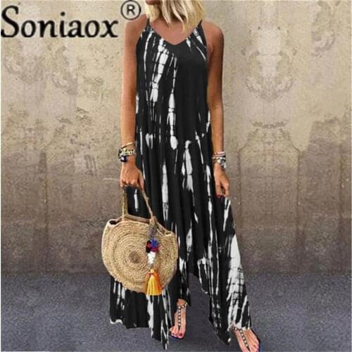 Summer Elegant Beach Sleeveless Long Dress Sexy Sling Lady Boho Tie-Dye Print Maxi Dress Women V-Neck Loose Party Dress Vestido