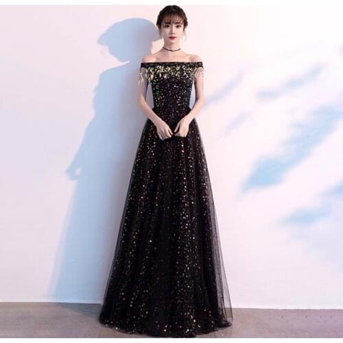 New Evening Dress Black Elegant Simple A-Line Empire Short Sleeves Boat Neck Floor-Length Lace Up Woman Formal Party Gowns A1390