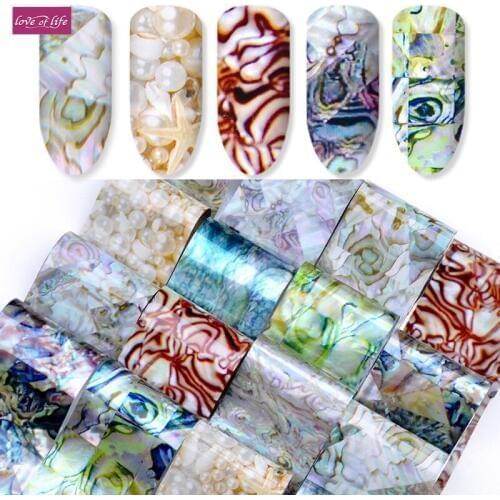 16 Pcs Holographic Gradient Nail Foil Set Laser Marble Shell Manicure DIY Tips Accessories Decoration Nail Art Transfer Sticker