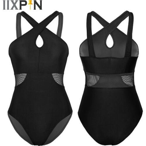 Ballet Dress Leotard Women Sleeveless Front Cross Neck Fishnet Splice Waist High Cut Tracksuit Gymnastics Leotard Dance Bodysuit
