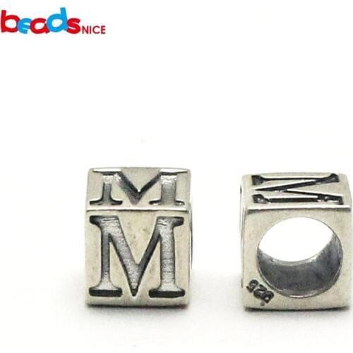 Beadsnice square beads for jewelry 925 sterling silver bali 7.5x7.5mm round hole approx 4.5mm european beads with letters ID7130