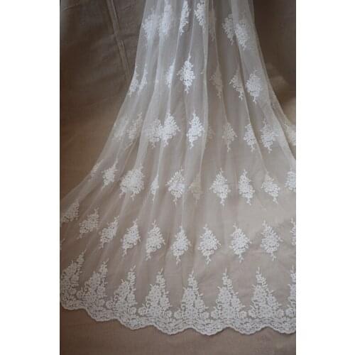 Off white cotton lace fabric by the yard, ivory white cotton embroidered lace fabric, double edge floral lace fabrics