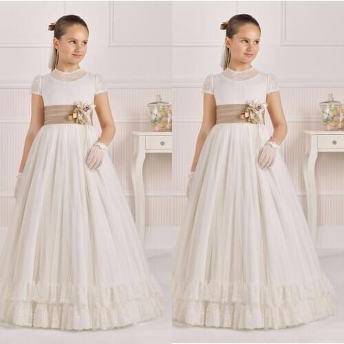 Elegant Vintage Flower Girl Dresses with Sash A Line Satin Lace Top Girl First Communion Dress Kids Clothes