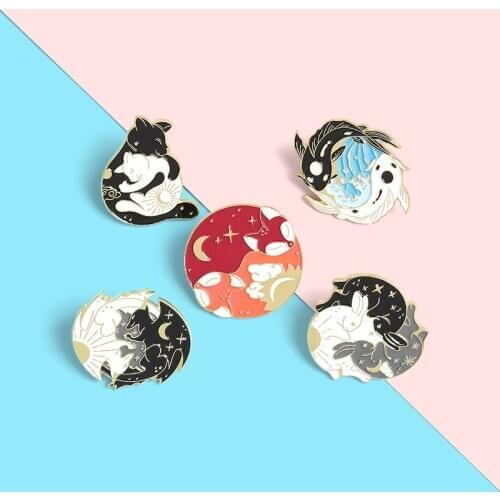 Day and Night Enamel Pins Custom Sun Moon Fox Koi Rabbit Bat Wolf Brooch Bag Clothes Lapel Pin Badge Starry Animal Jewelry Gift