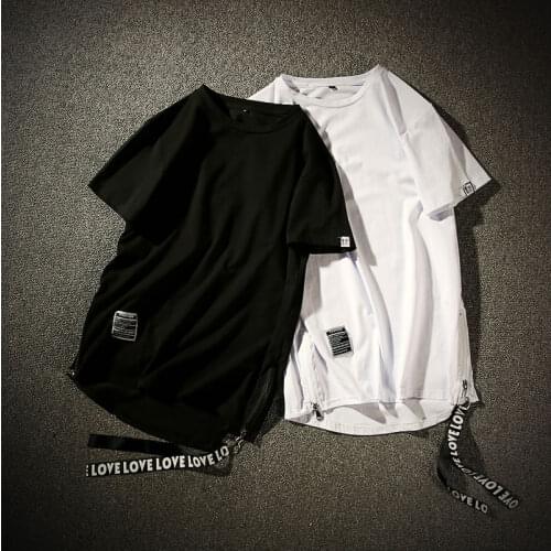 April MOMO Streetwear Cotton Men T-shirt Half Length Tee Shirt Homme Hip Hop Ribbons Side-zipper Short Sleeve Men T Shirt