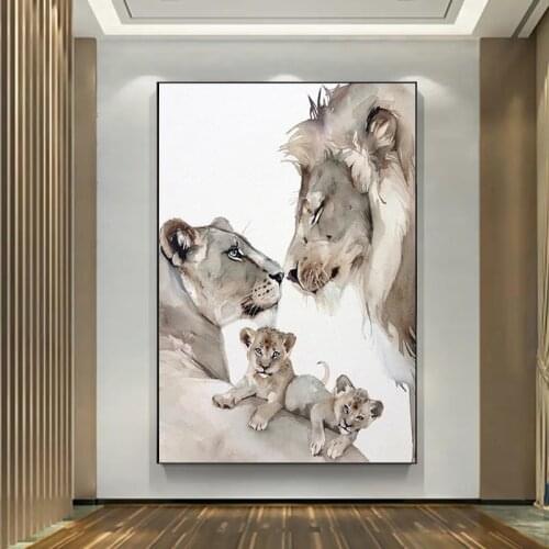 Wild Animal Lion Family Warm Love Theme Paint Painting Living Room and Bedroom Decoration Hanging Murals(No Frame)