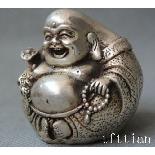 El budismo chino de cobre blanco risa feliz de Maitreya Buda ruyi suerte estatua artesanía de metal para Decoración