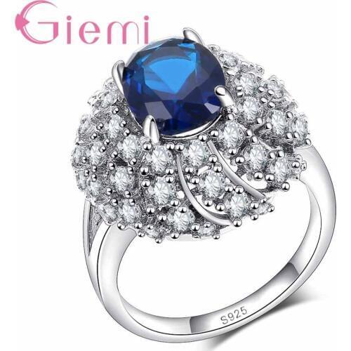 925 Sterling Silver Charming Elegant Ocean Blue Flowers Round Crystal Stone Rings Wedding Ceremony Jewelry Cubic Zirconia