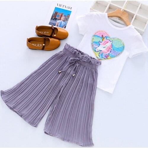 Vgiee Summer 2020 Girls Clothes Set Kids Unicorn T-shirt and Wide Leg Pants Suits Children Short Sleeve Baby Little Girl Clothes