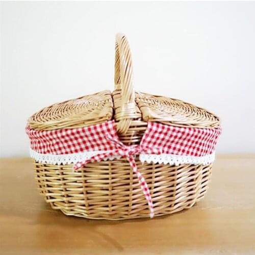 Picnic Basket Hand Made Wicker Bags Camping Shopping Storage Hamper With Lid Picnic Food Basket Woven Fruit Storage Basket