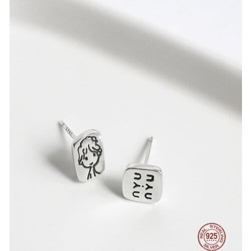 LKO 925 Sterling Silver New Arrive Pattern Boy Portrait Earrings For Women Punk Style Asymmetric Design Cartoon Stud Earrings