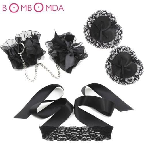 3PCS BDSM Bondage Set Handcuffs Lace Eye Mask Nipple Sticker Adults Game Slave Fetish Flirting Product Sex Toys For Woman Couple