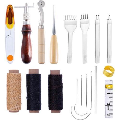 20Pcs Leather Craft Hand Tools Kit Thread Awl Waxed Thimble Kit For Hand Stitching Sewing Stamping DIY Tool Set