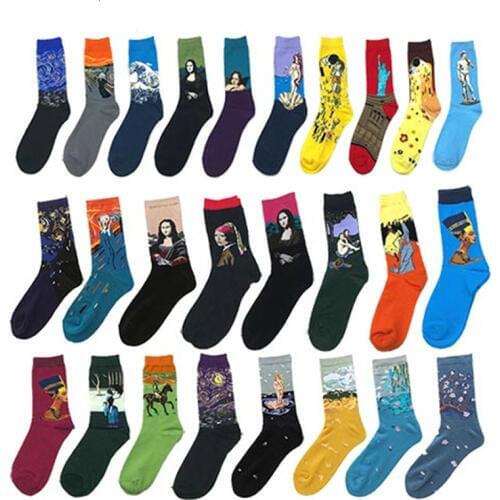 Novelty 1 Pair Men Socks New 2020 Winter Starry Night Art World Famous Oil Painting Cotton Socks Funny Novelty Happy Socks
