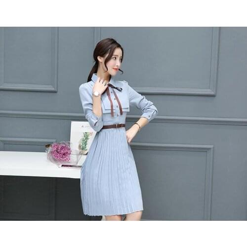 2021 spring and autumn new womens fashion temperament ladies pleated long-sleeved college wind shirt chiffon dress autumn