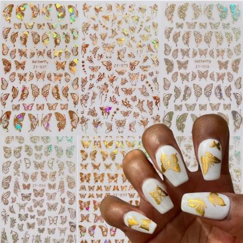 3D Holographics Nail Stickers Butterfly Hollowing Design Transfer Sticker Laser Gold Silver Adhensive Decal Nail Art Decoration