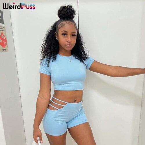 Weird Puss Skinny Summer Women Tracksuit Stretchy Crop Top+Side Hollow Out Biker Shorts Fitness Sporty Casual Matching Outfits