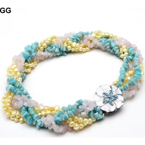 GuaiGuai Jewelry 7 Strands Natural Yellow Keshi Pearl Green Amazonites Rose Quartzs Stone Shell Flower Clasp Necklace For Women