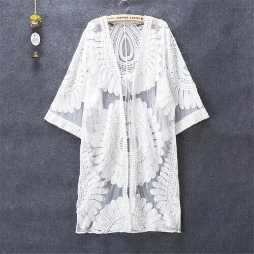 2019 Sexy Summer Women Three Quarter Floral Lace Crochet Kimono Swimwear Cardigan Bikini Cover Up Wrap Beachwear Long Cover-Ups