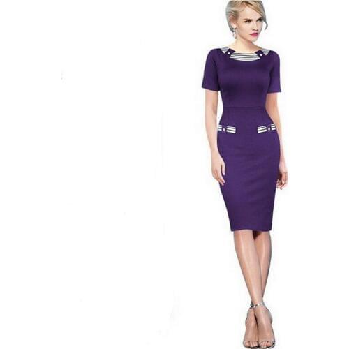 Purple green blue-colored short-sleeved retro O-neck striped stitching dress sexy chic Slim thin skull hip pencil dress