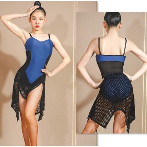 Mesh black blue latin dress Latin practice dance cha cha samba dress bachata dress 710