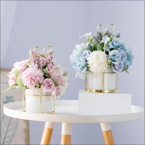 Nordic Ceramic Vase+Artificial Flower Set Figurines Home Furnishing Crafts Decoration Home Livingroom Fake Flower Pot Ornaments