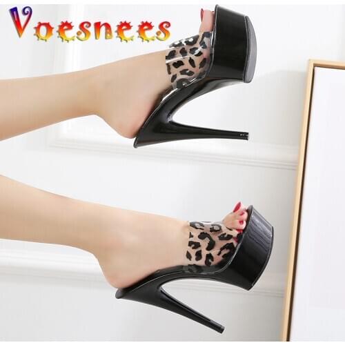 Voesnees Women Slipper Shoes Stilettos Heels Super High heels 14cm Fishmouth Sandals Transparent Crystal Shoes Wedding Shoes