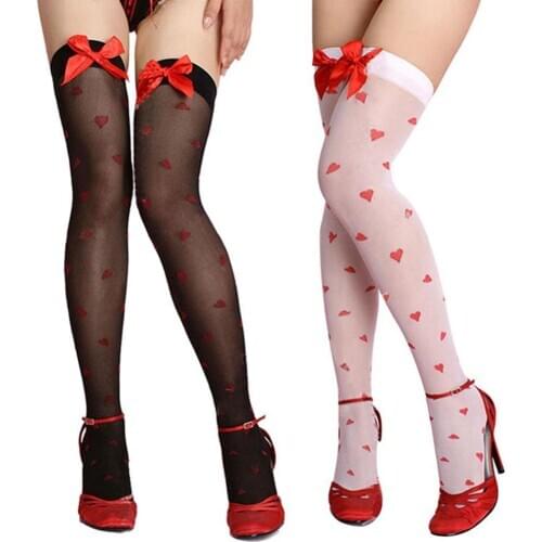 Delightful Sexy Womens nylon transparent stockings Thigh High Red Loving Heart Bow Stockings ladies kawaii white stockings