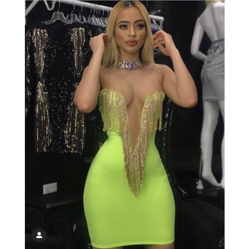High Quality Green Crystal Tassel Sleeveless Celebrity Rayon Bandage Dress Party Bodycon Dress
