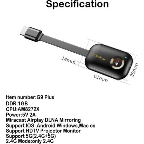 Mirascreen G9 Plus 2.4G/5G 4K Miracast Wifi for DLNA AirPlay HD TV Stick Wifi Display Dongle Receiver for IOS Android windows