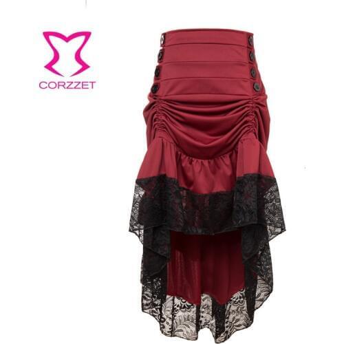 Red & Black Floral Lace Ruffles Asymmetrical Long Sexy Gothic Skirts Womens Plus Size Victorian Steampunk Skirt Vintage Clothing