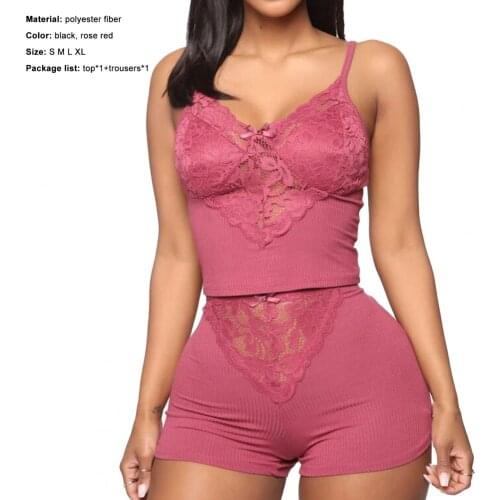 Summer Women V Neck Sleeveless Solid Color Sling Lace Sleepwear Set Pajamas 2021 Hot Sell Two Piece Set Clothing for Honey Moon