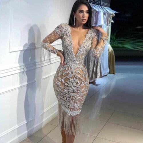 Women Short Sequin Evening Dresses Sexy V Neck Cut Out Illision Prom Party Dress Appliques Tassel Full Sleeves Gowns