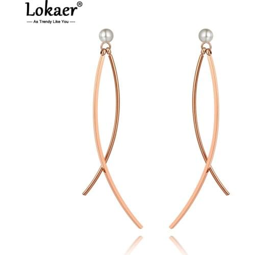 Lokaer Titanium Stainless Steel White Pearl Geometry Earrings Rose Gold Trendy Bohemia Party Earrings For Women Girls E20190