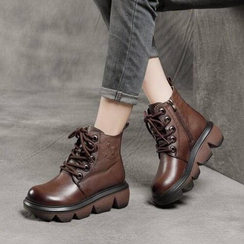 New Leather Martin Boots Womens Casual Thick-soled Increased Slope Heel Top Layer Cow Head Short Boots Single Boots