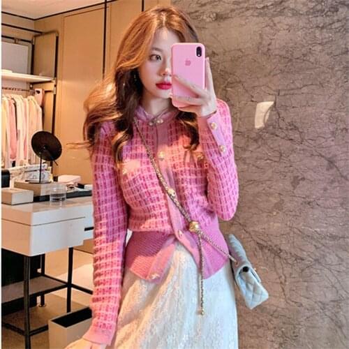 2021 New Women Autumn Winter Fashion Sweet Pink Cardgian Sweater Long Sleeve Floral Buttons Knitted Coat Female Outerwear Tops