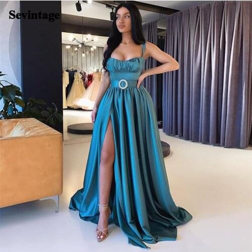 Sevintage Peacock Satin Long Evening Dresses Side Slit Straps Simple Prom Gowns Crystal Beaded Belt Women Formal Party Dress