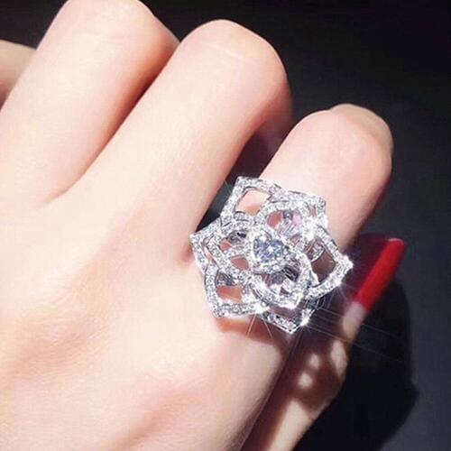 Zircon diamonds big heart&flower ring for women 18k white gold color bling fashion wedding engagement bride jewelry party gift