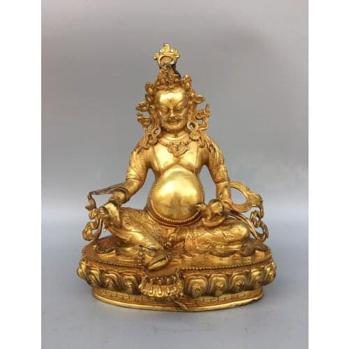 11"Tibet Buddhism Old Bronze Gilt Yellow God of Wealth Buddha Statue Huang Caishen Sitting Buddha Enshrine the Buddha